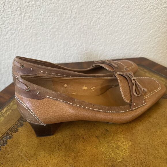 Talbots Brown Textured Leather Low Heel Square Toe Bow Size 6.5B Slip On Pump - Picture 5 of 6